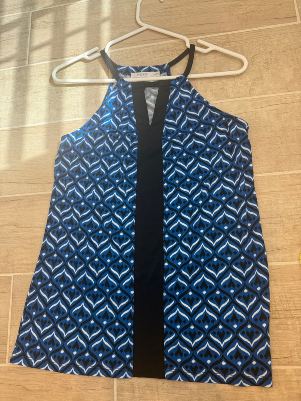 Ricki's Blue Geometric Halter Camisole with Black Center Panel